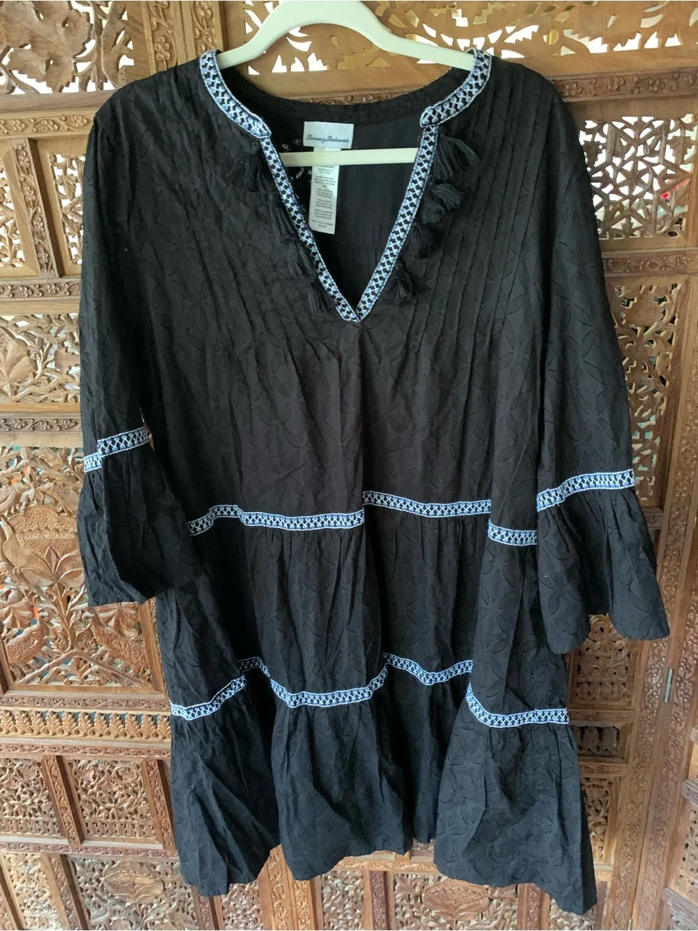 Tommy Bahama Black Mini Dress with Blue Embroidered Trim - Picture 1 of 6